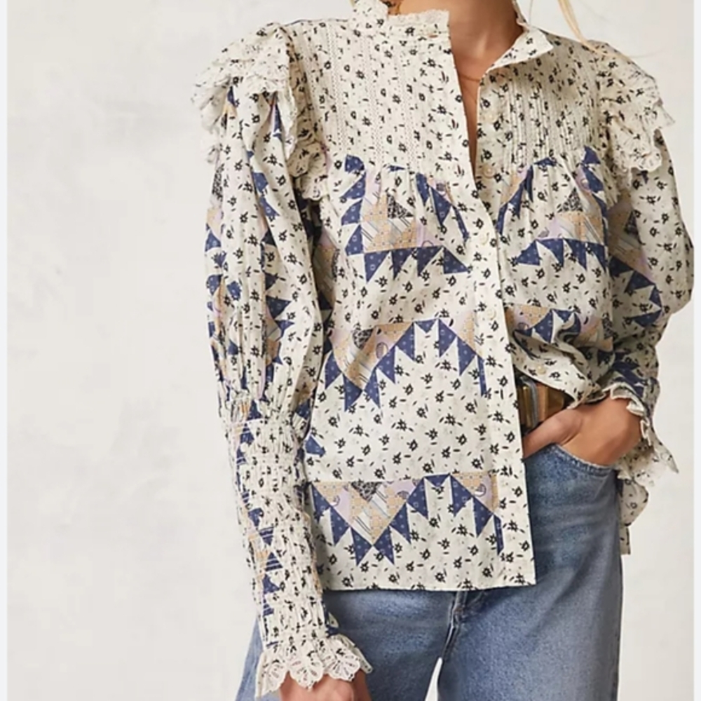 Anthropologie x Othilia Ruffle Lace Western Boho Floral Blouse Top‎ Size XS